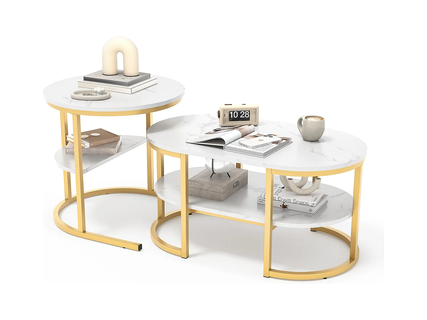 Set di 2 tavolini da caffè scandinavi impilabili - ovali, stampa marmo, ripiani portaoggetti, struttura in metallo dorato
