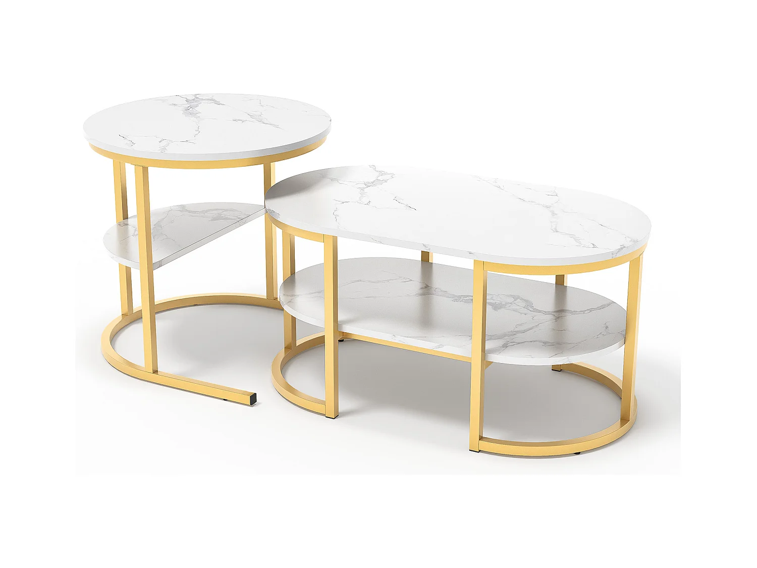 Set di 2 tavolini da caffè scandinavi impilabili - ovali, stampa marmo, ripiani portaoggetti, struttura in metallo dorato