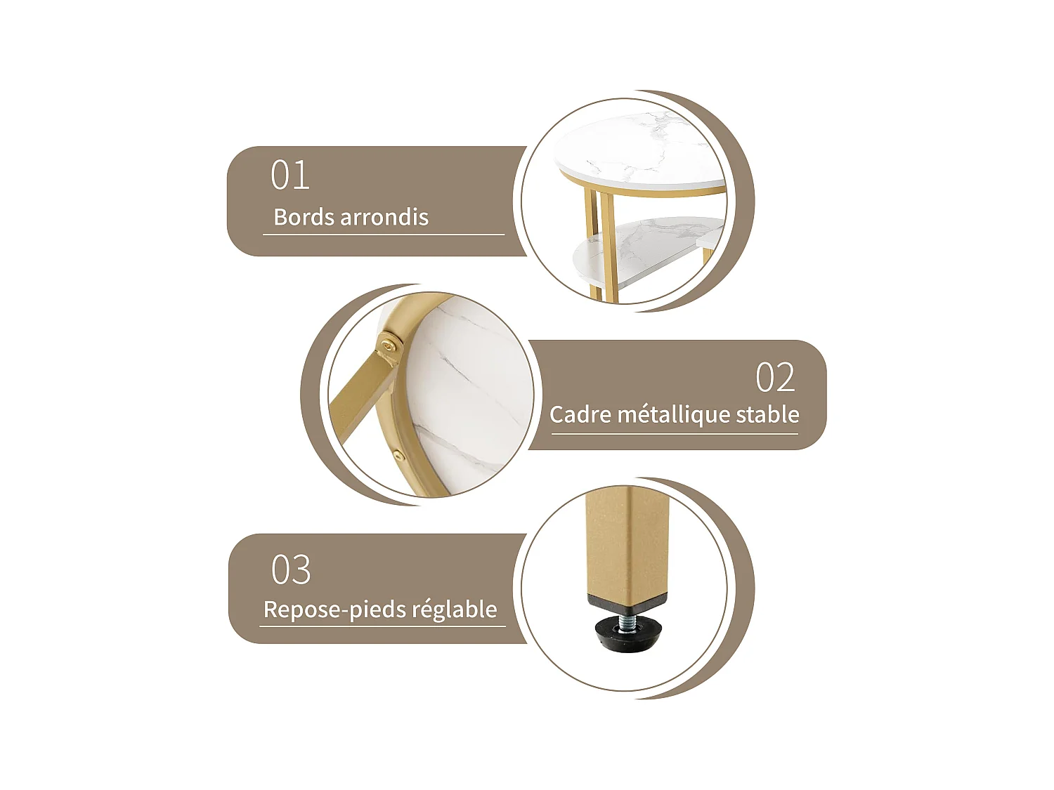 Set di 2 tavolini da caffè scandinavi impilabili - ovali, stampa marmo, ripiani portaoggetti, struttura in metallo dorato