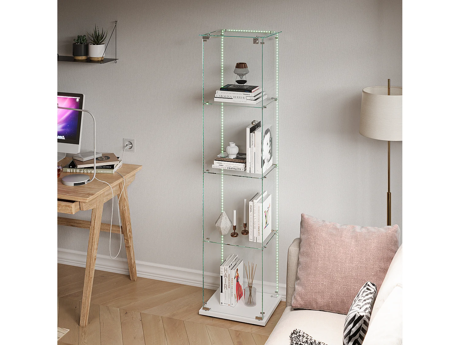 Vitrina de cristal con 5 estantes y puertas dobles para salón.