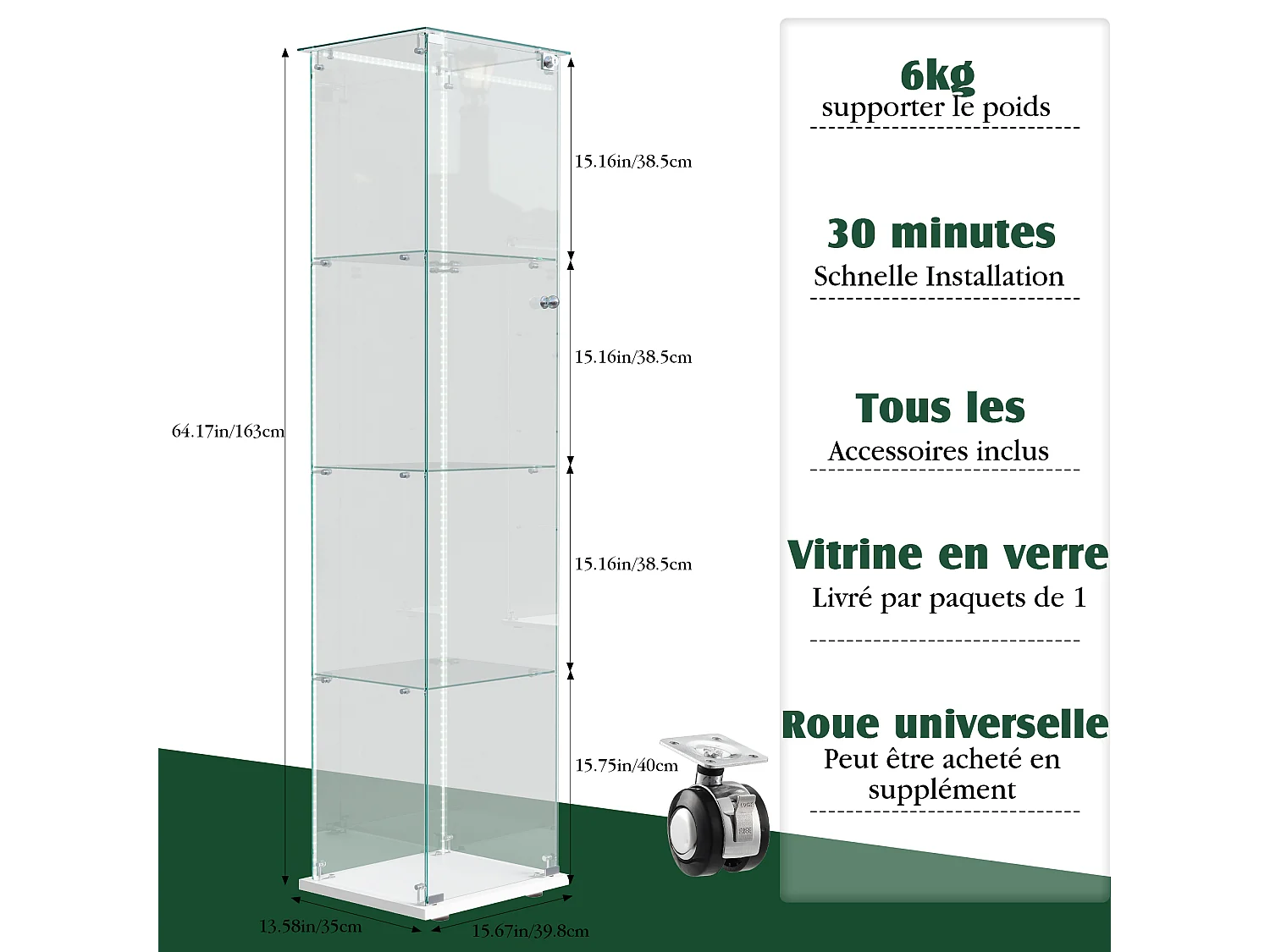 Vitrina de cristal con 5 estantes y puertas dobles para salón.
