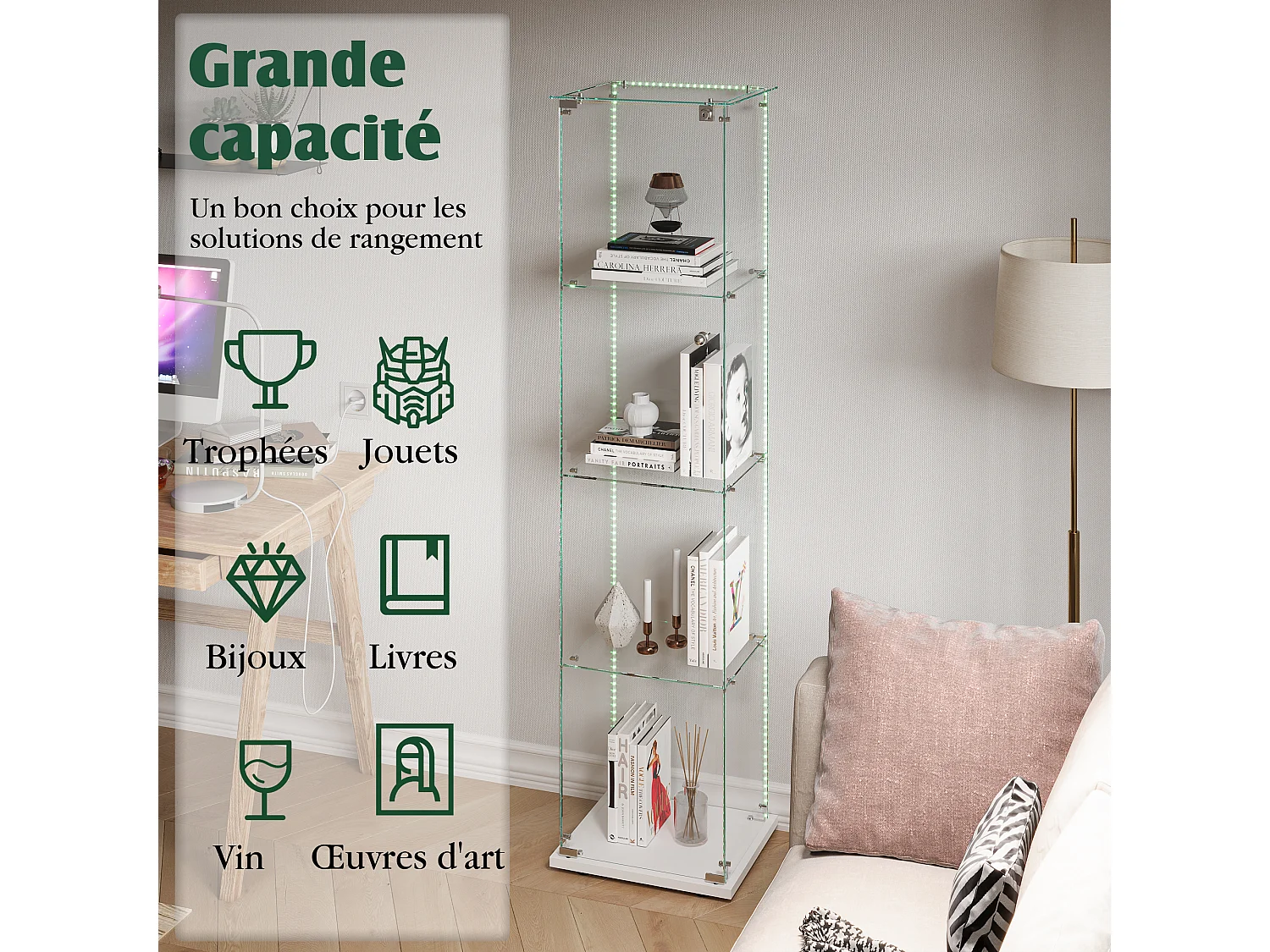 Vitrina de cristal con 5 estantes y puertas dobles para salón.