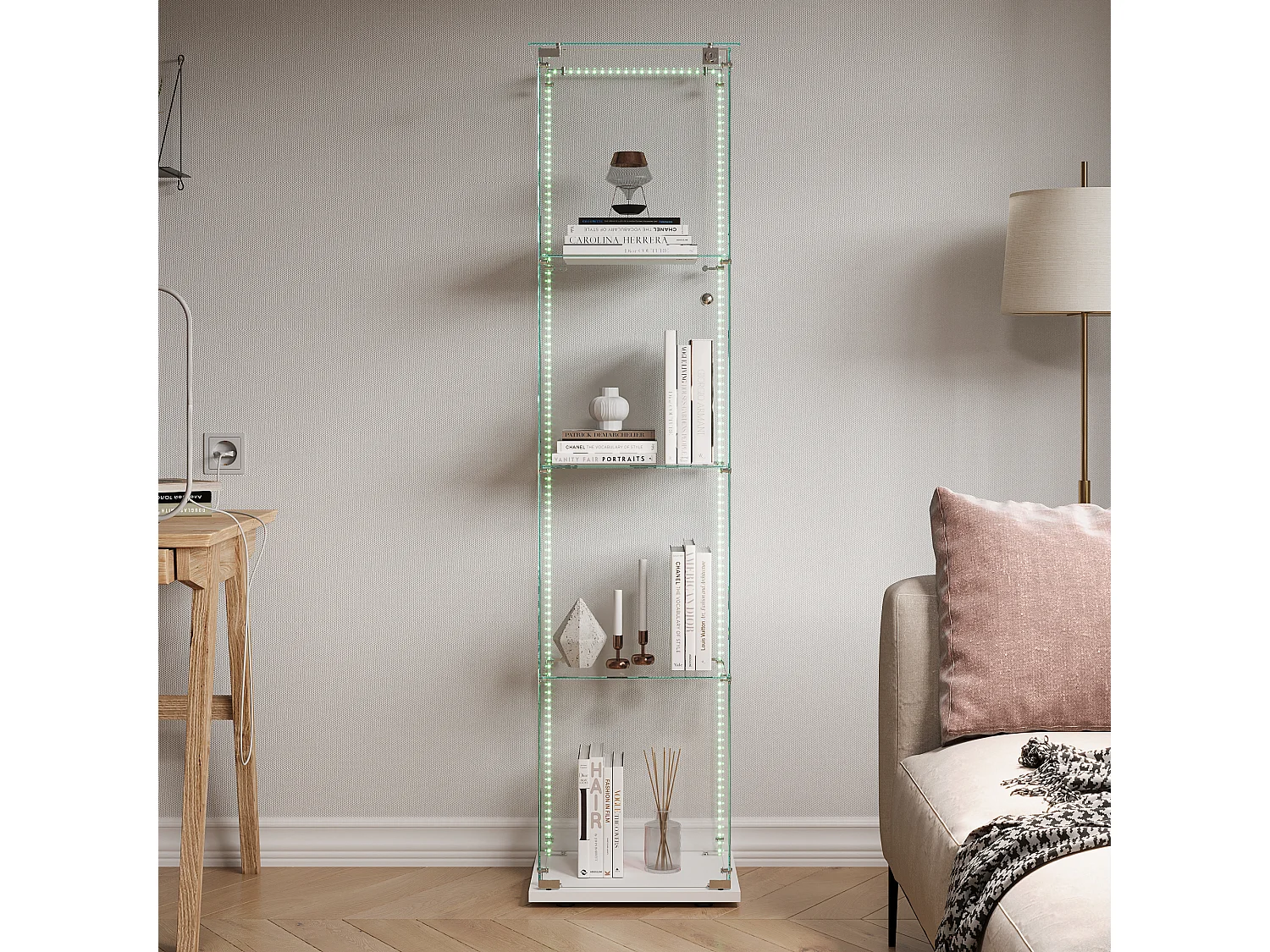 Vitrina de cristal con 5 estantes y puertas dobles para salón.
