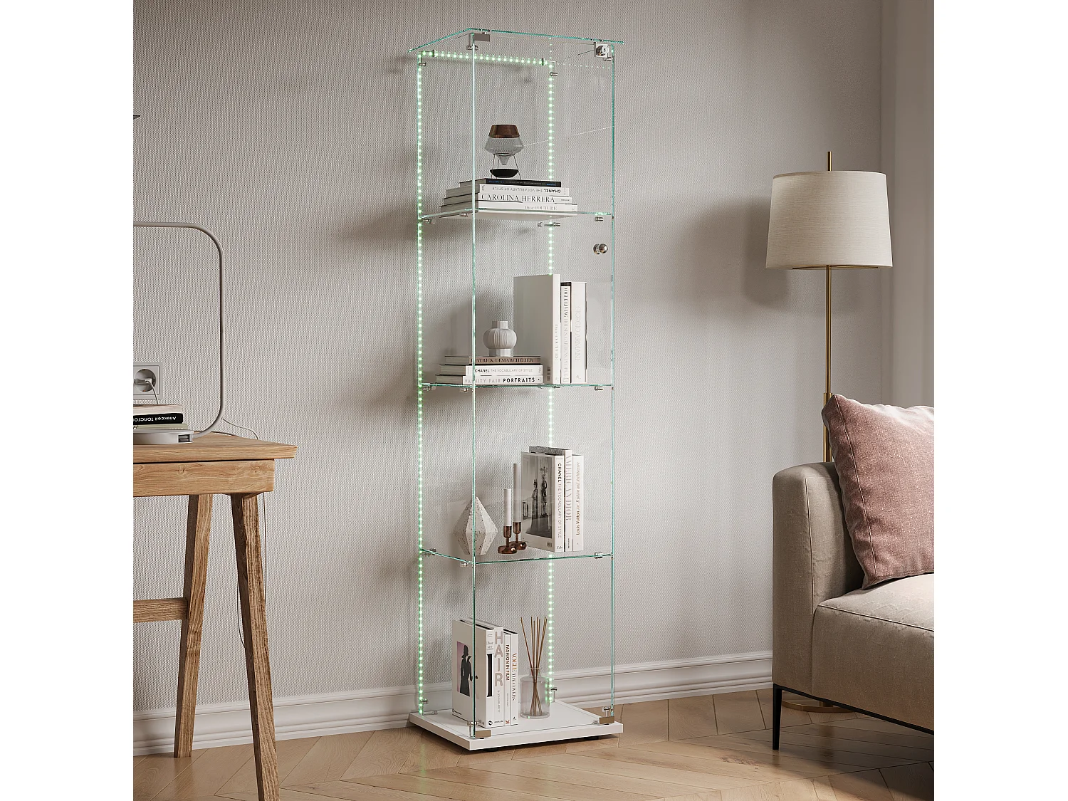 Vitrina de cristal con 5 estantes y puertas dobles para salón.