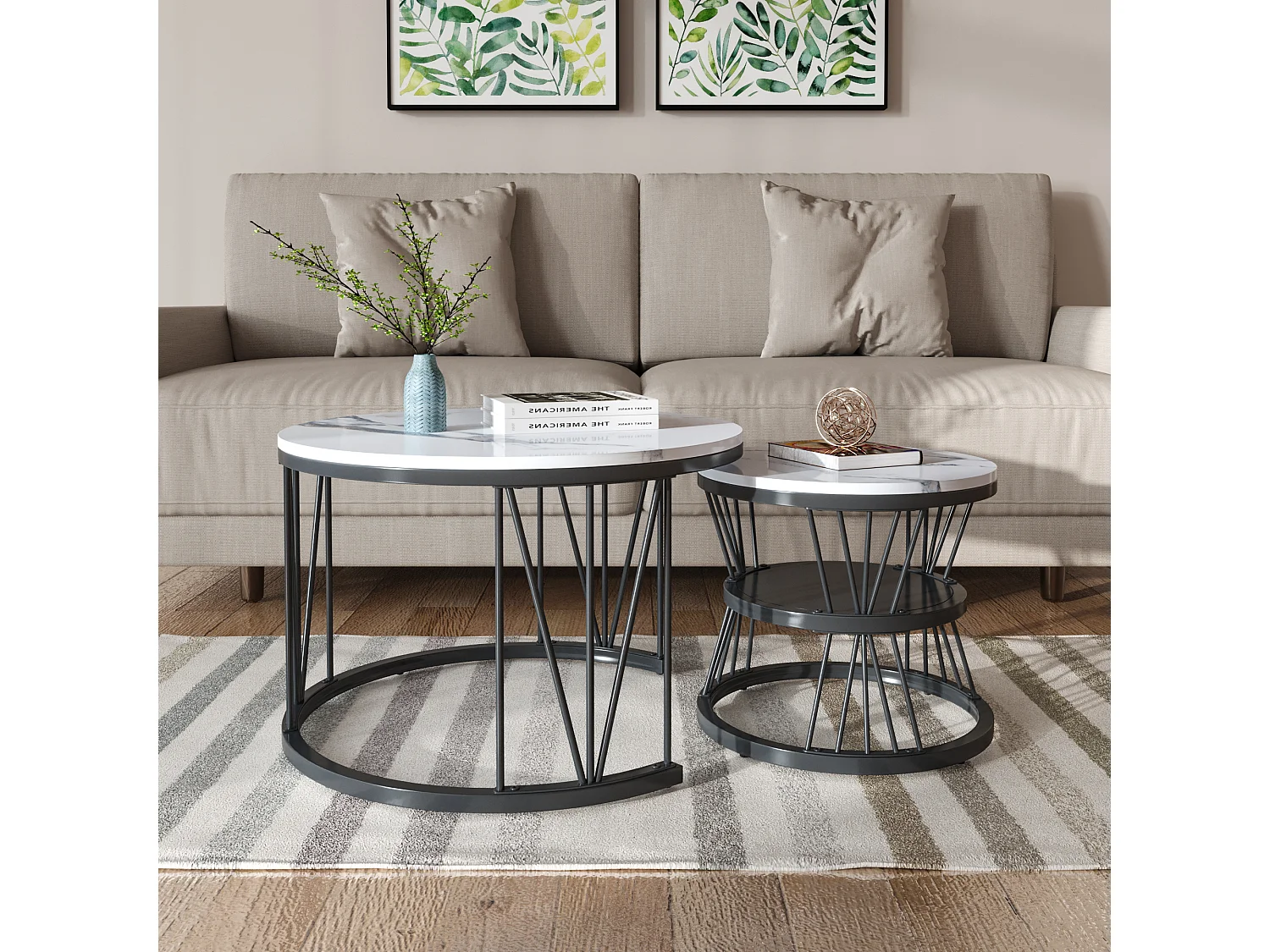 Set van 2 ronde marmeren salontafels - modern fineer, bijzettafel voor woonkamer en kantoor, zwart