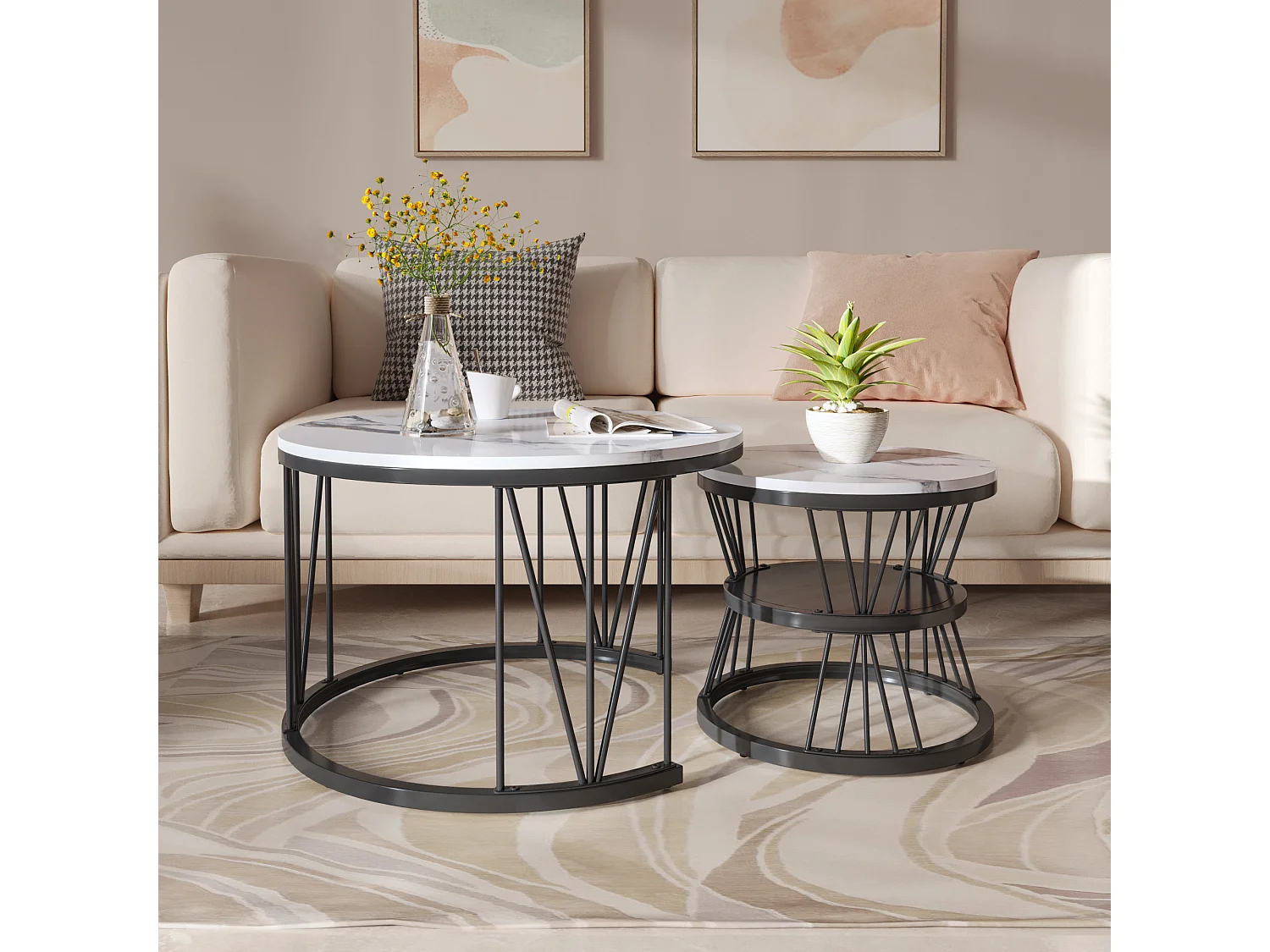 Lot de 2 tables basses rondes en marbre – Placage moderne, Table d'appoint pour salon et bureau, Noir