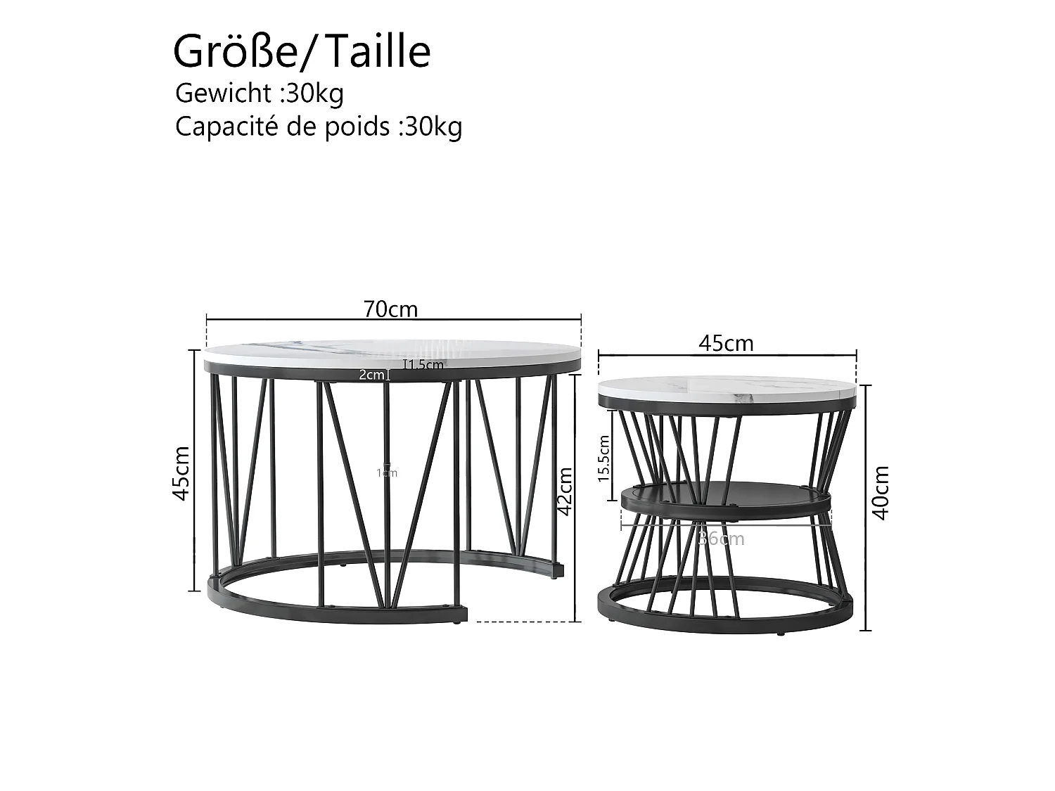 Lot de 2 tables basses rondes en marbre – Placage moderne, Table d'appoint pour salon et bureau, Noir