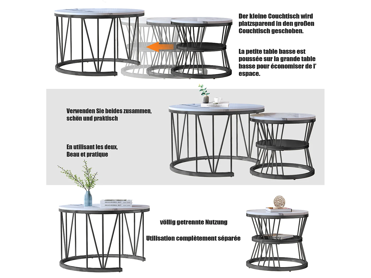 Lot de 2 tables basses rondes en marbre – Placage moderne, Table d'appoint pour salon et bureau, Noir