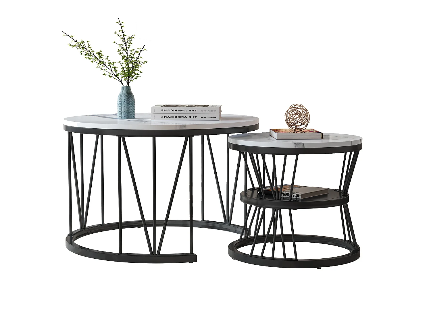Lot de 2 tables basses rondes en marbre – Placage moderne, Table d'appoint pour salon et bureau, Noir