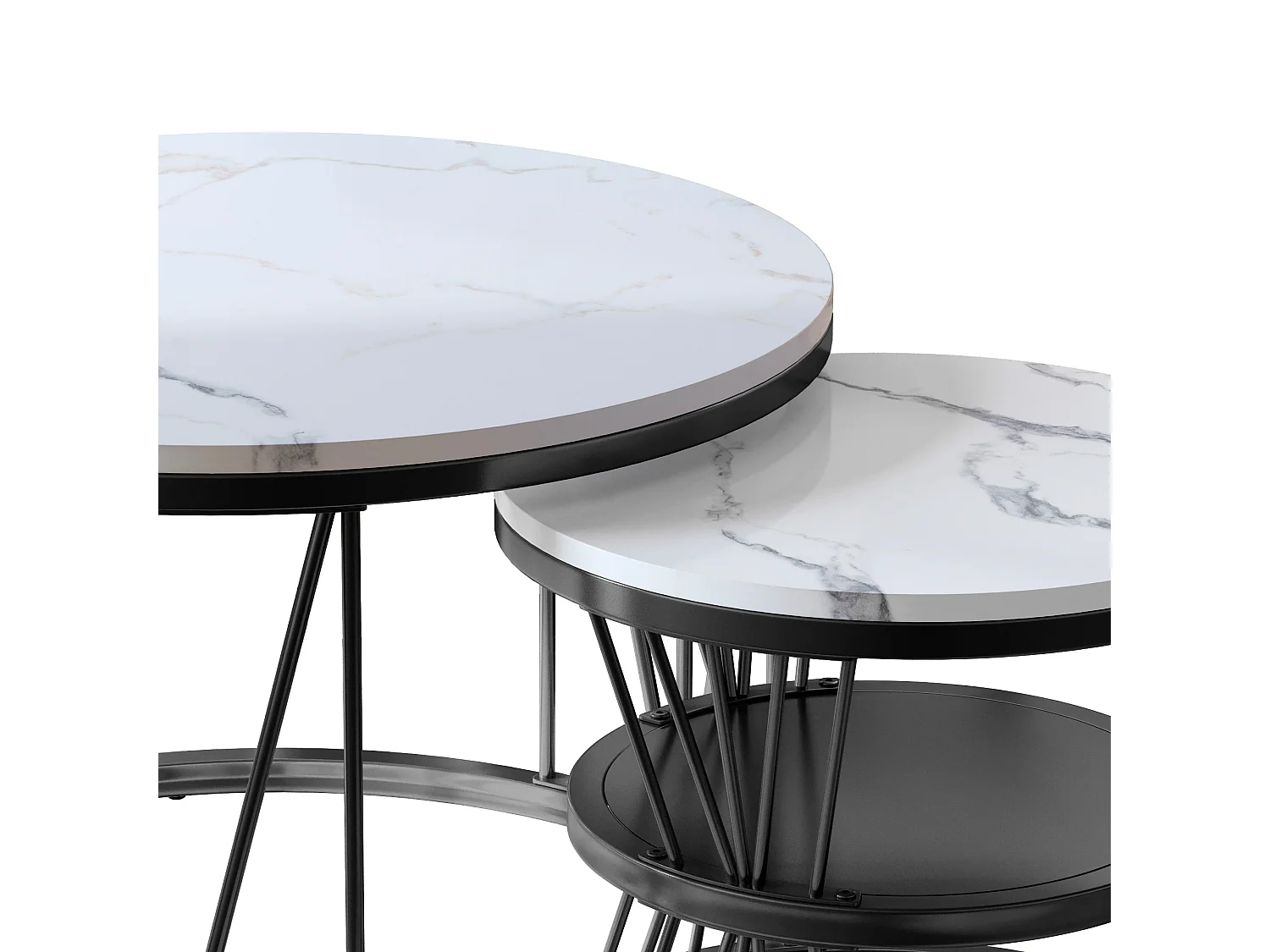 Lot de 2 tables basses rondes en marbre – Placage moderne, Table d'appoint pour salon et bureau, Noir