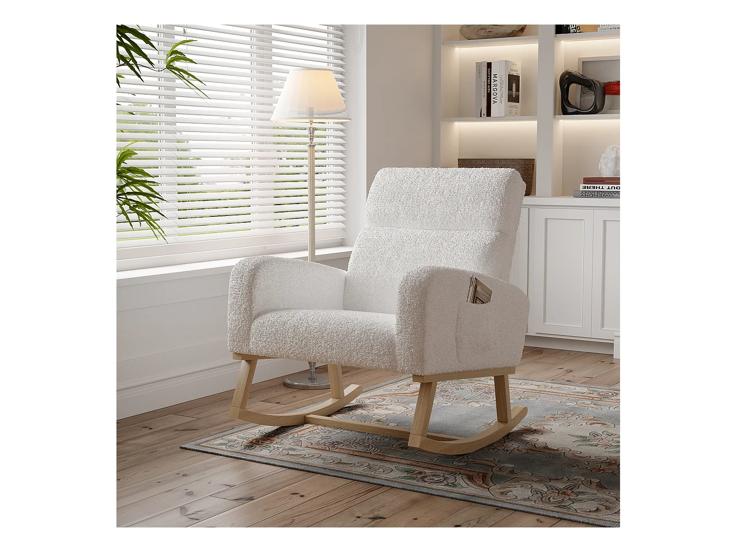 Ontspanningsschommelstoel, armleuningen, zakken, houten poten, beige teddyfluweel, 150 kg