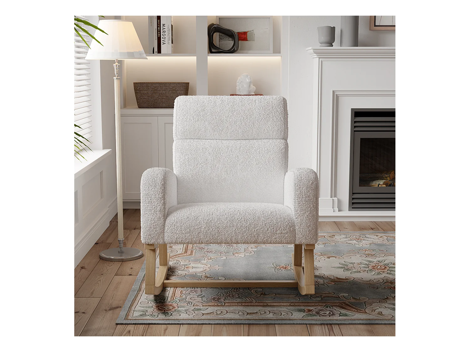 Ontspanningsschommelstoel, armleuningen, zakken, houten poten, beige teddyfluweel, 150 kg