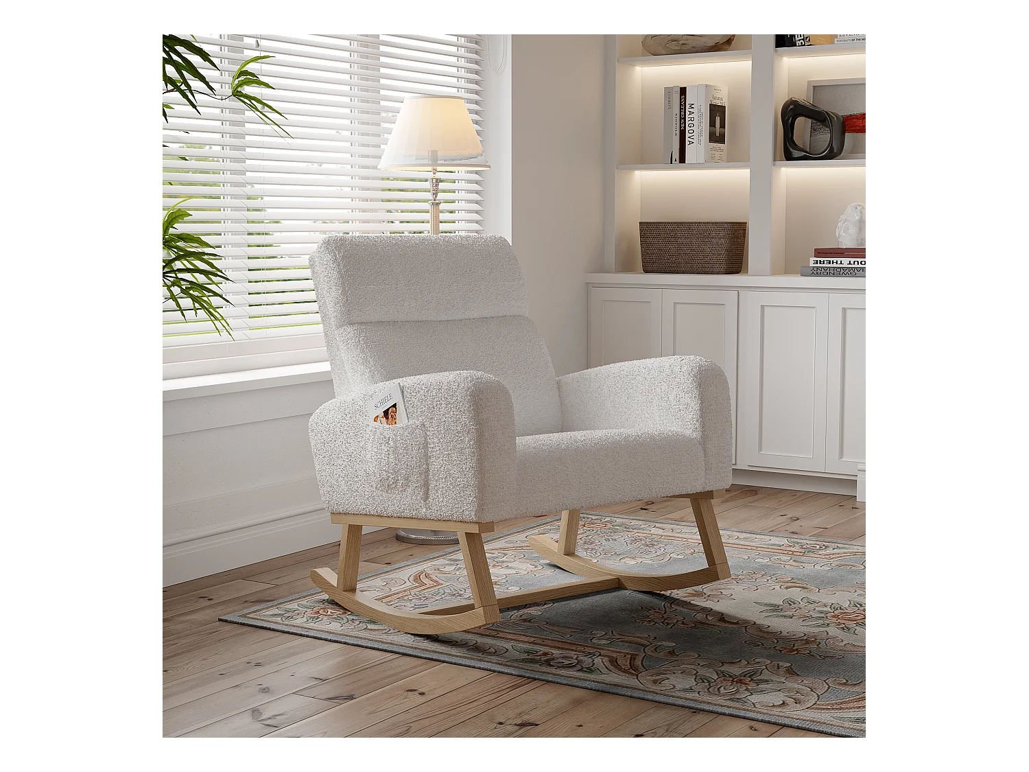 Ontspanningsschommelstoel, armleuningen, zakken, houten poten, beige teddyfluweel, 150 kg