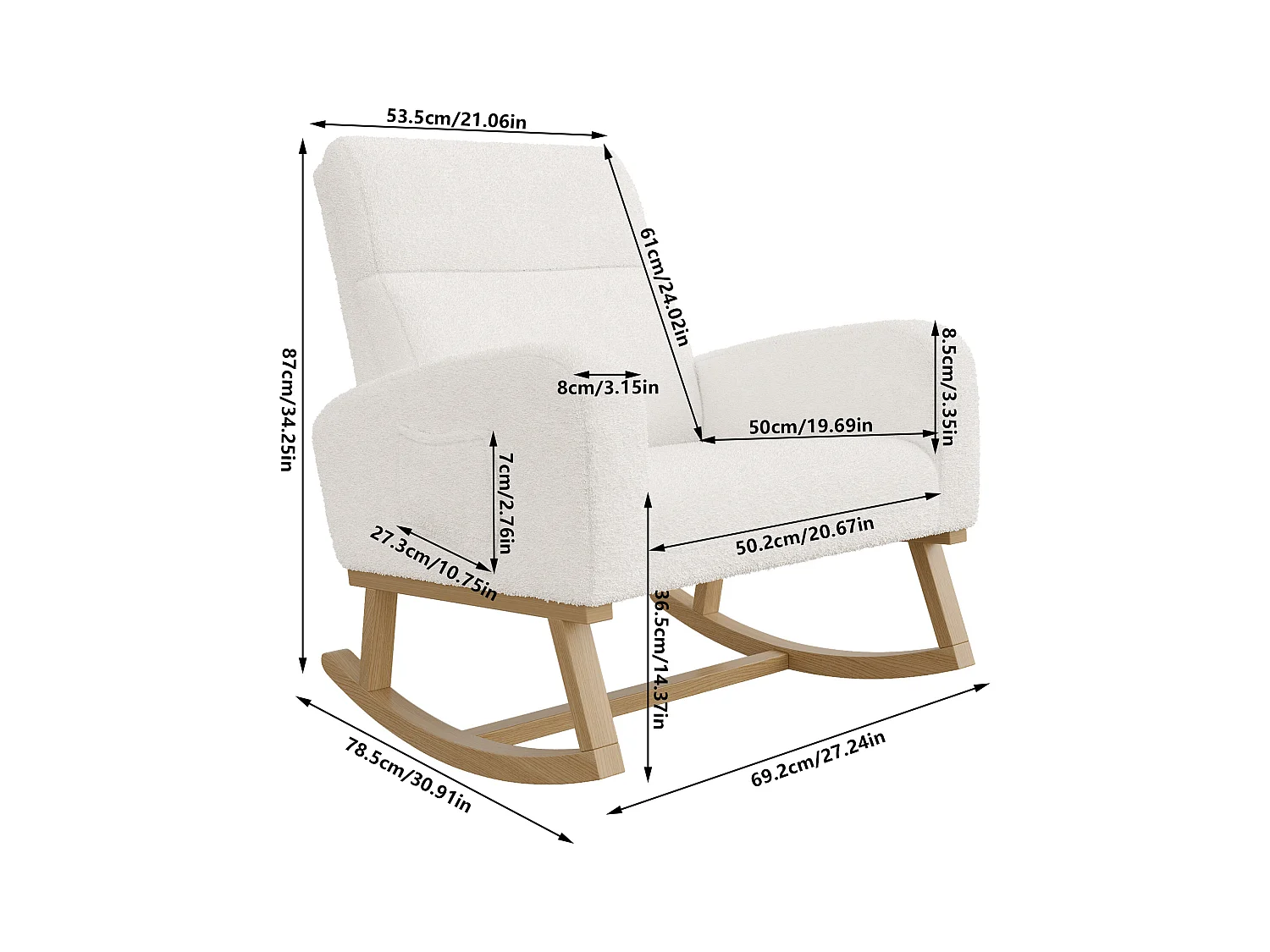 Ontspanningsschommelstoel, armleuningen, zakken, houten poten, beige teddyfluweel, 150 kg
