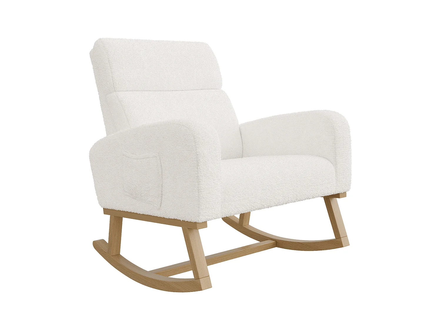 Ontspanningsschommelstoel, armleuningen, zakken, houten poten, beige teddyfluweel, 150 kg