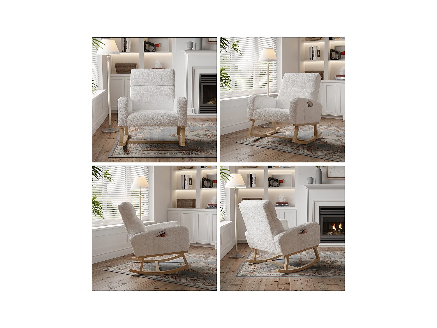 Ontspanningsschommelstoel, armleuningen, zakken, houten poten, beige teddyfluweel, 150 kg