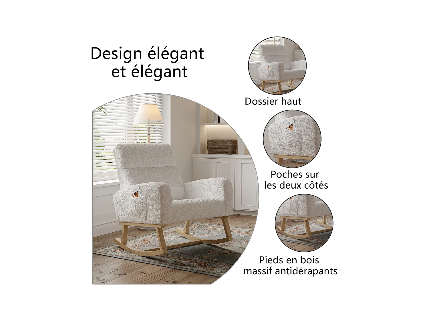 Ontspanningsschommelstoel, armleuningen, zakken, houten poten, beige teddyfluweel, 150 kg