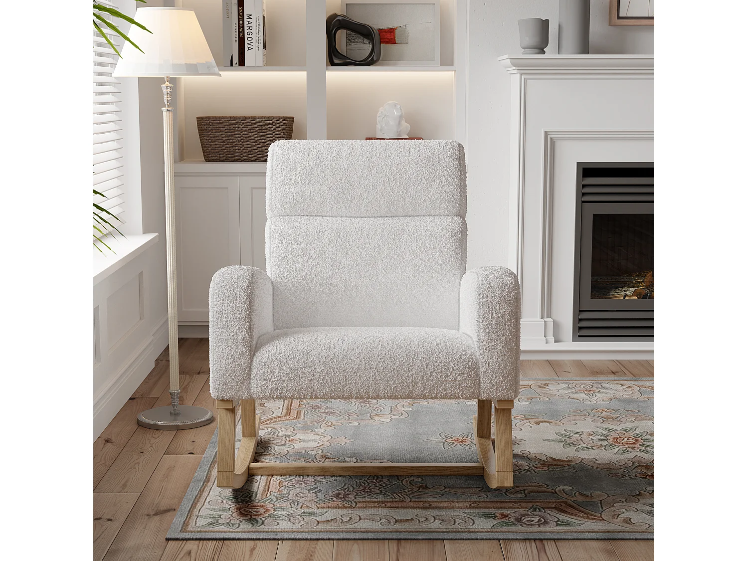 Ontspanningsschommelstoel, armleuningen, zakken, houten poten, beige teddyfluweel, 150 kg