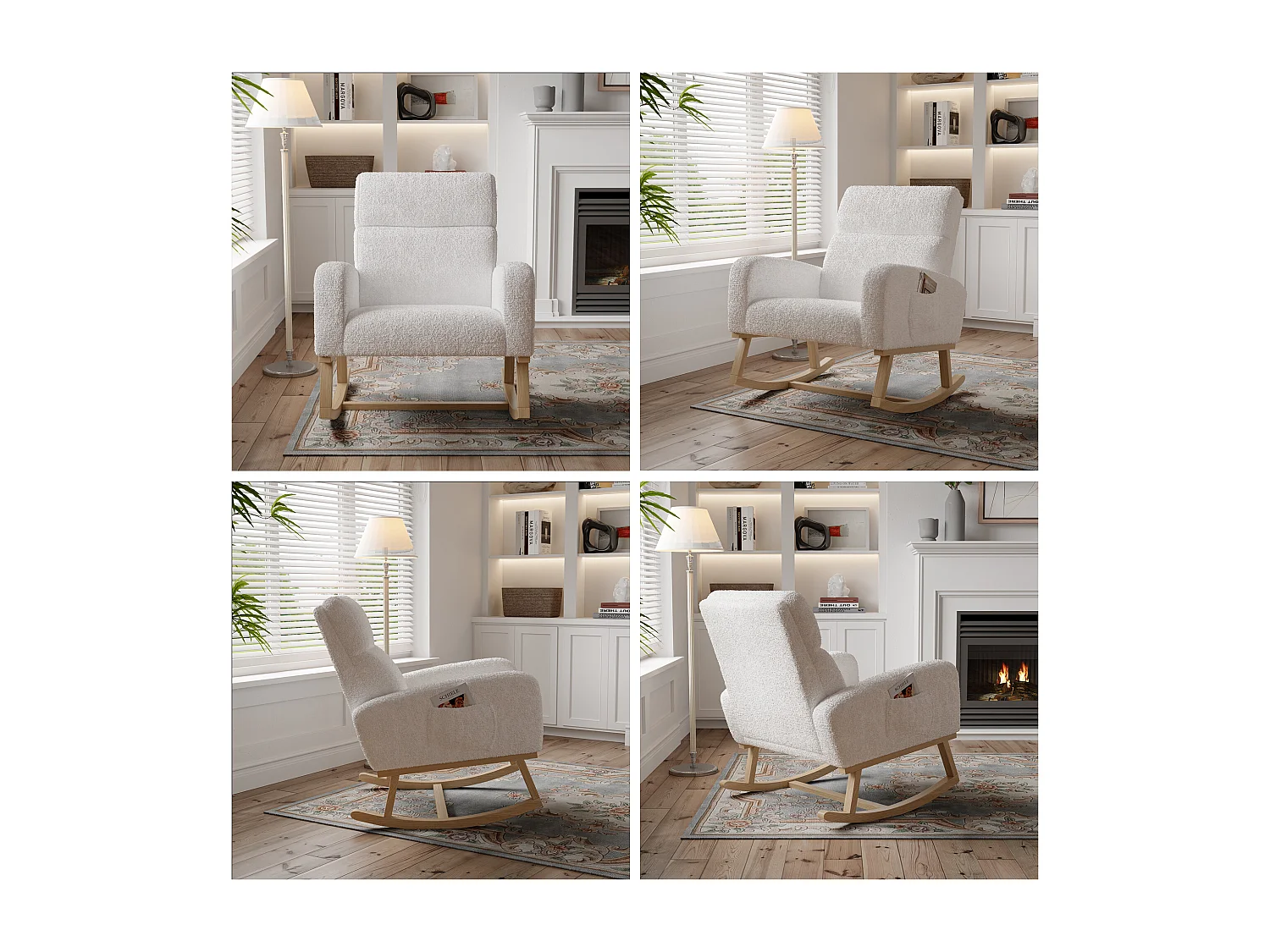 Ontspanningsschommelstoel, armleuningen, zakken, houten poten, beige teddyfluweel, 150 kg