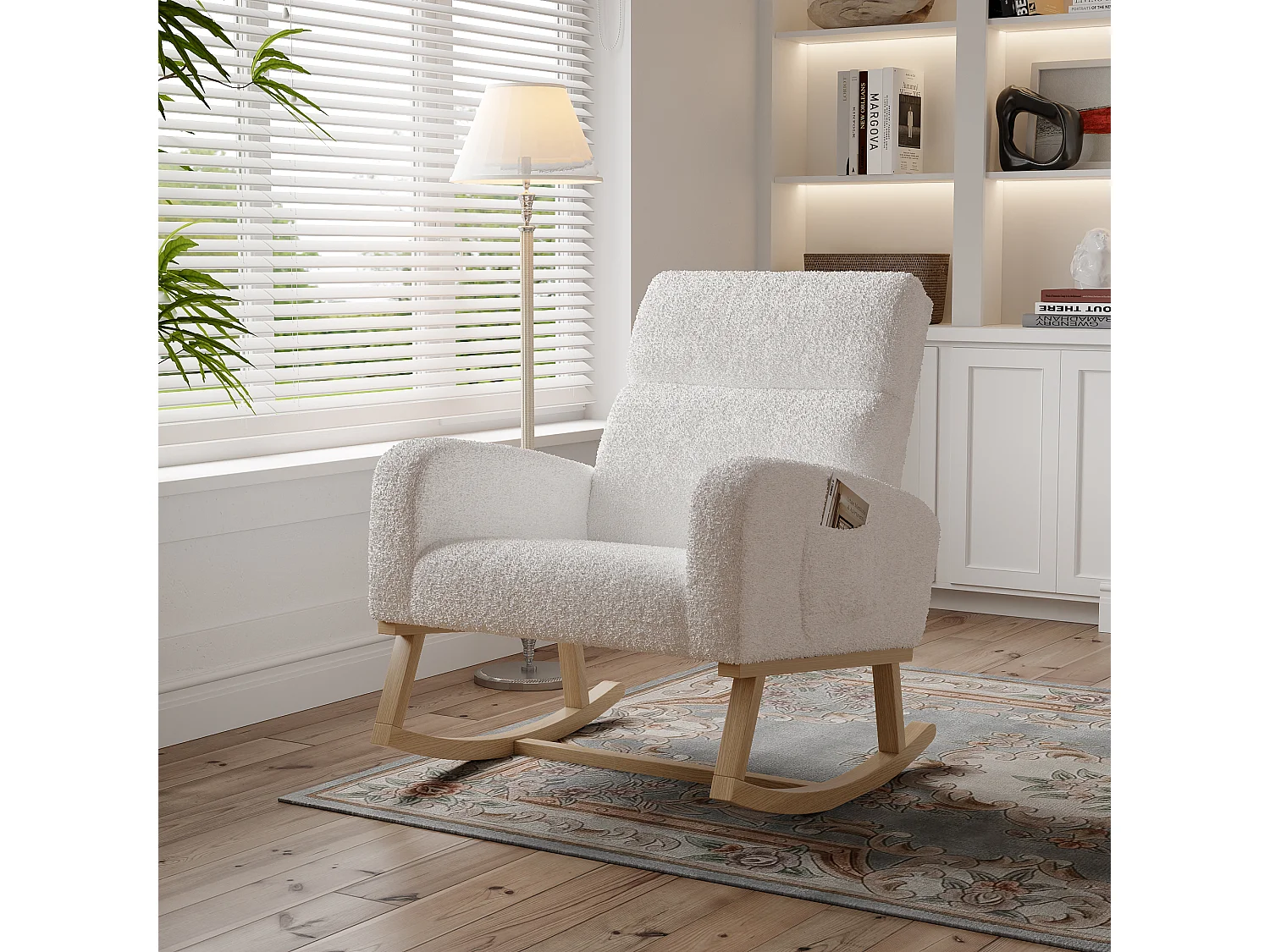 Fauteuil à Bascule Relaxation, Accoudoirs, Poches, Pieds Bois, Velours Teddy Beige, 150 kg
