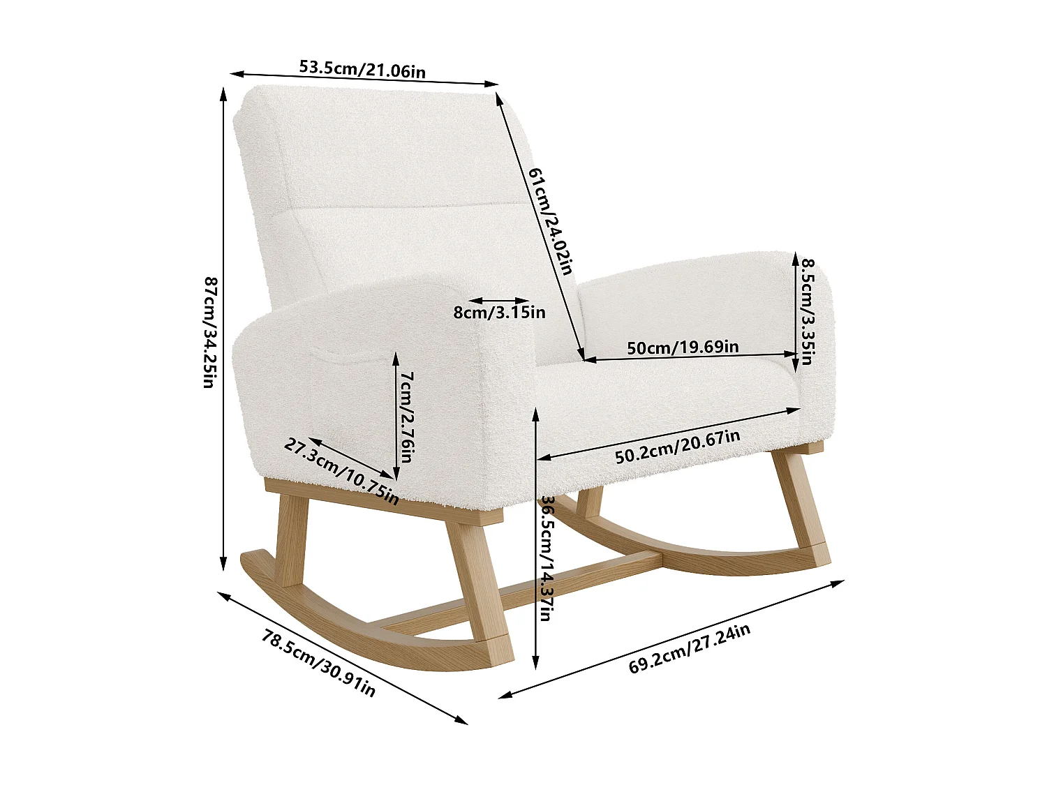 Fauteuil à Bascule Relaxation, Accoudoirs, Poches, Pieds Bois, Velours Teddy Beige, 150 kg