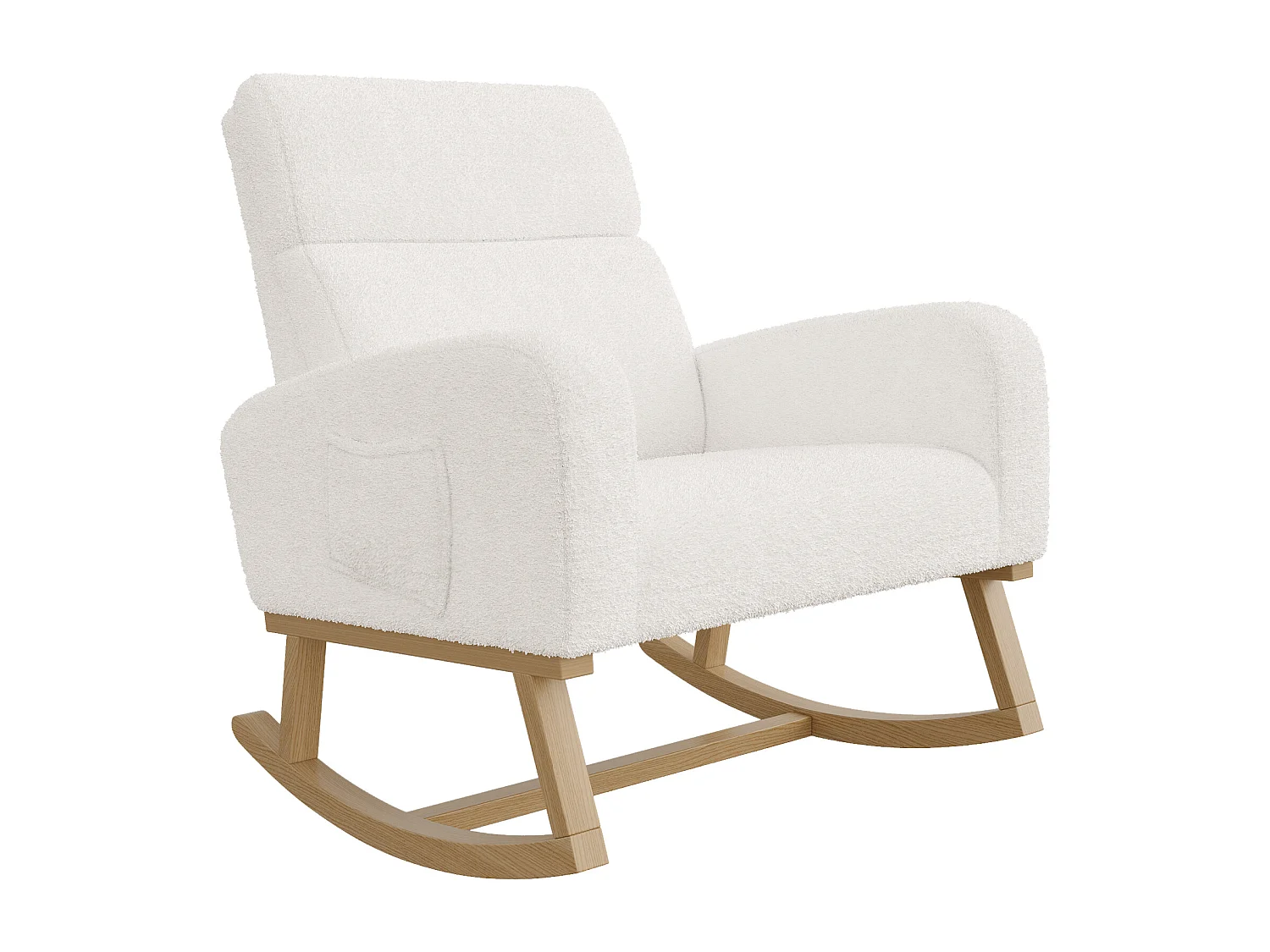 Fauteuil à Bascule Relaxation, Accoudoirs, Poches, Pieds Bois, Velours Teddy Beige, 150 kg