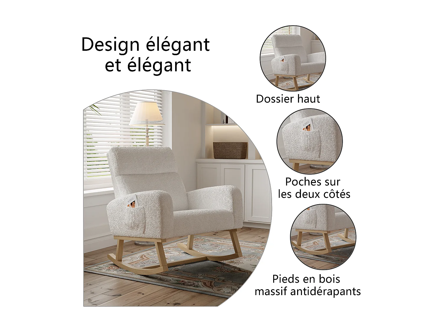 Fauteuil à Bascule Relaxation, Accoudoirs, Poches, Pieds Bois, Velours Teddy Beige, 150 kg