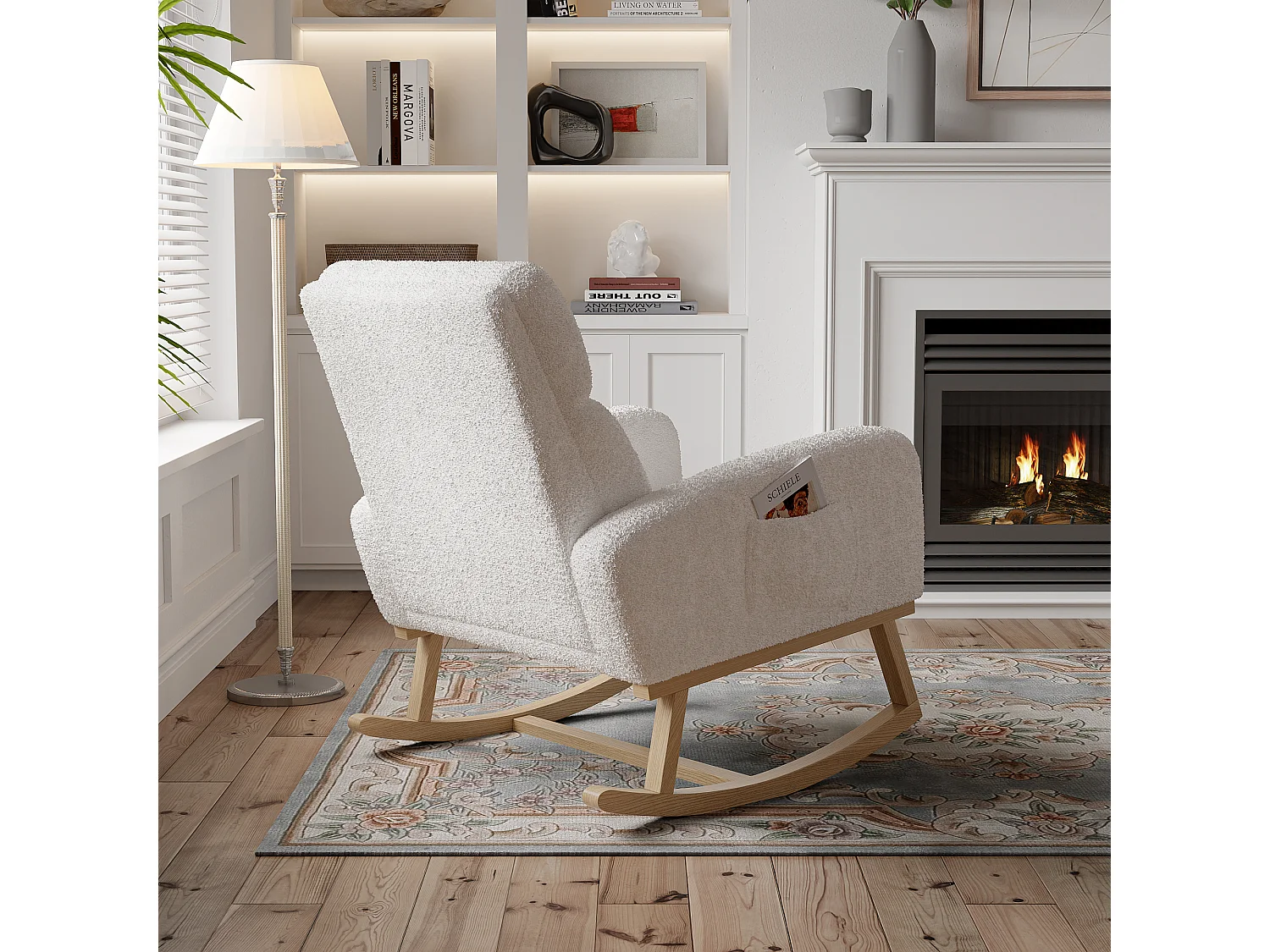 Fauteuil à Bascule Relaxation, Accoudoirs, Poches, Pieds Bois, Velours Teddy Beige, 150 kg