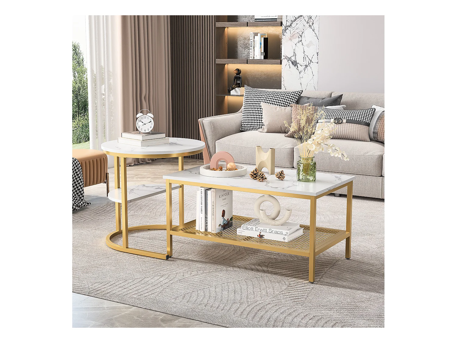 Set di 2 tavolini da caffè scandinavi impilabili - rettangolari, stampa marmo, poggiapiedi regolabili, struttura in metallo dorato