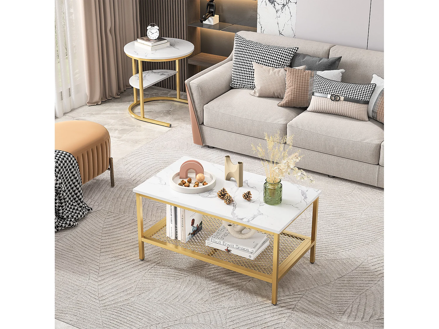 Set van 2 Scandinavische salontafels met nestelfunctie - Rechthoekig, marmerprint, verstelbare voetenbankjes, goudkleurig metalen frame
