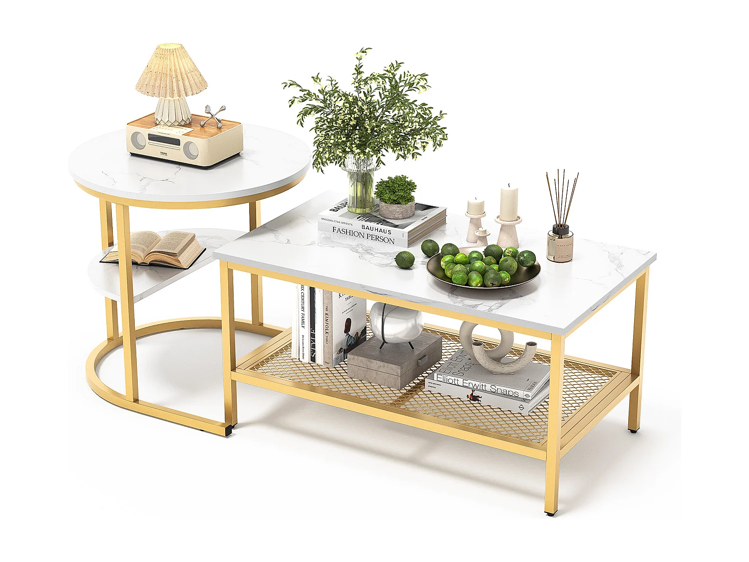 Set van 2 Scandinavische salontafels met nestelfunctie - Rechthoekig, marmerprint, verstelbare voetenbankjes, goudkleurig metalen frame