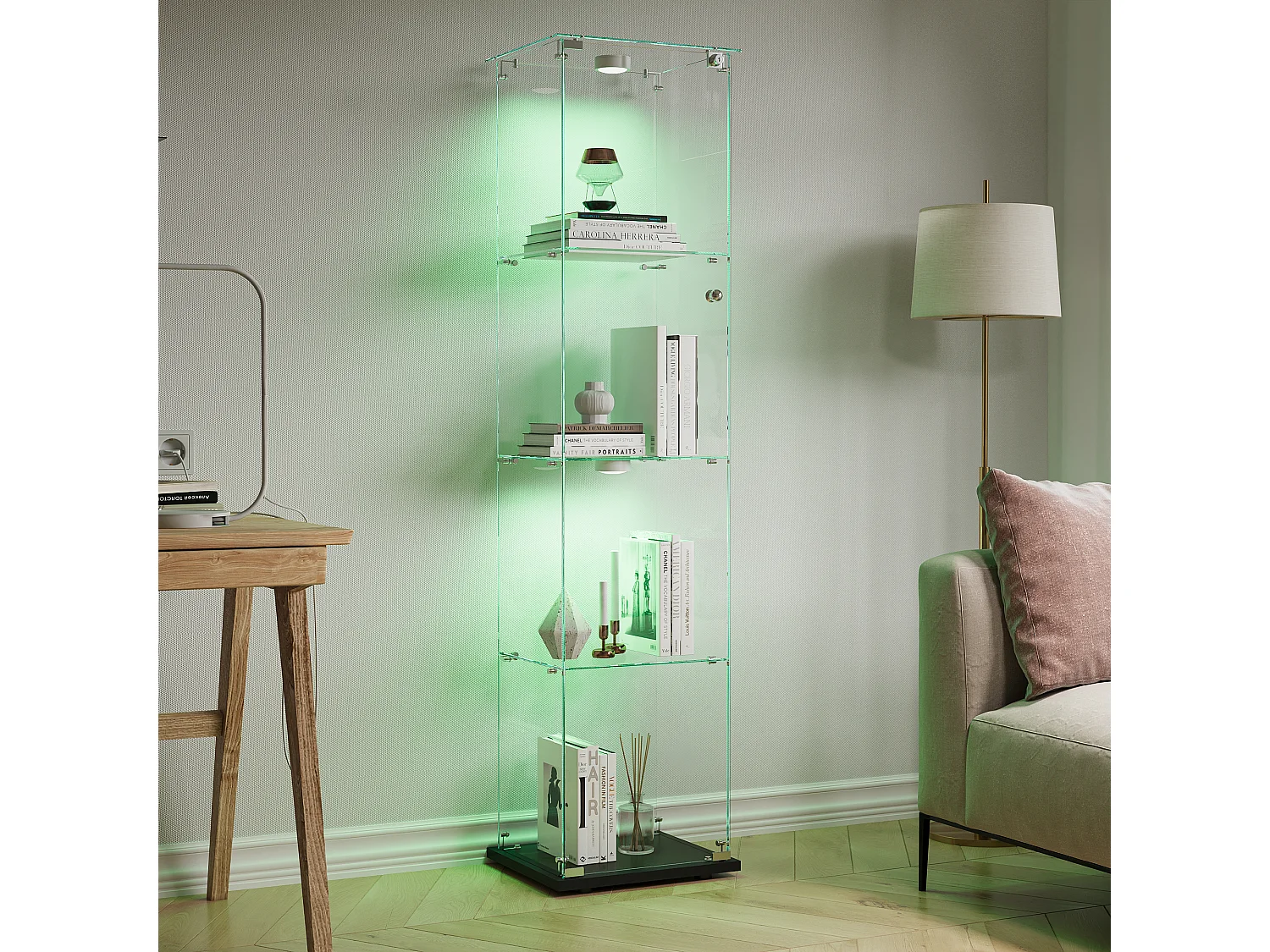 Vitrina de cristal con 5 estantes y puertas dobles para salón.