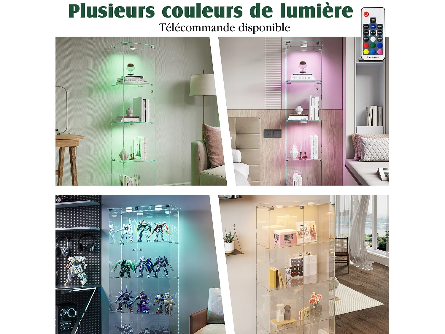 Vitrina de cristal con 5 estantes y puertas dobles para salón.