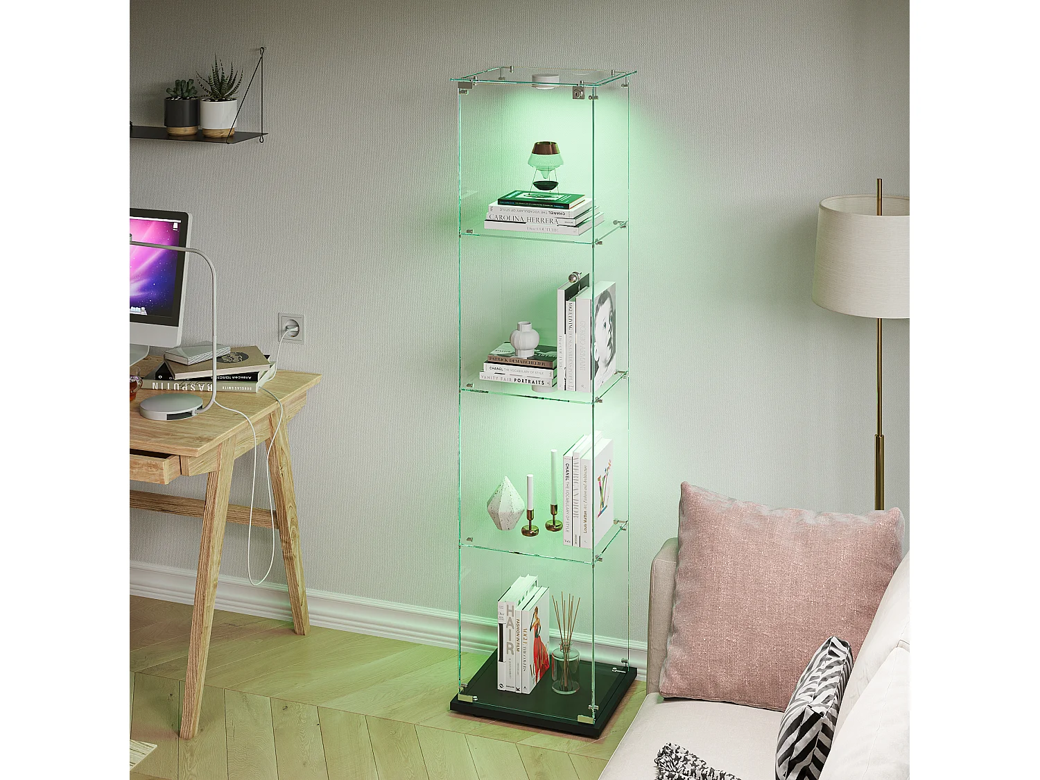 Vitrina de cristal con 5 estantes y puertas dobles para salón.