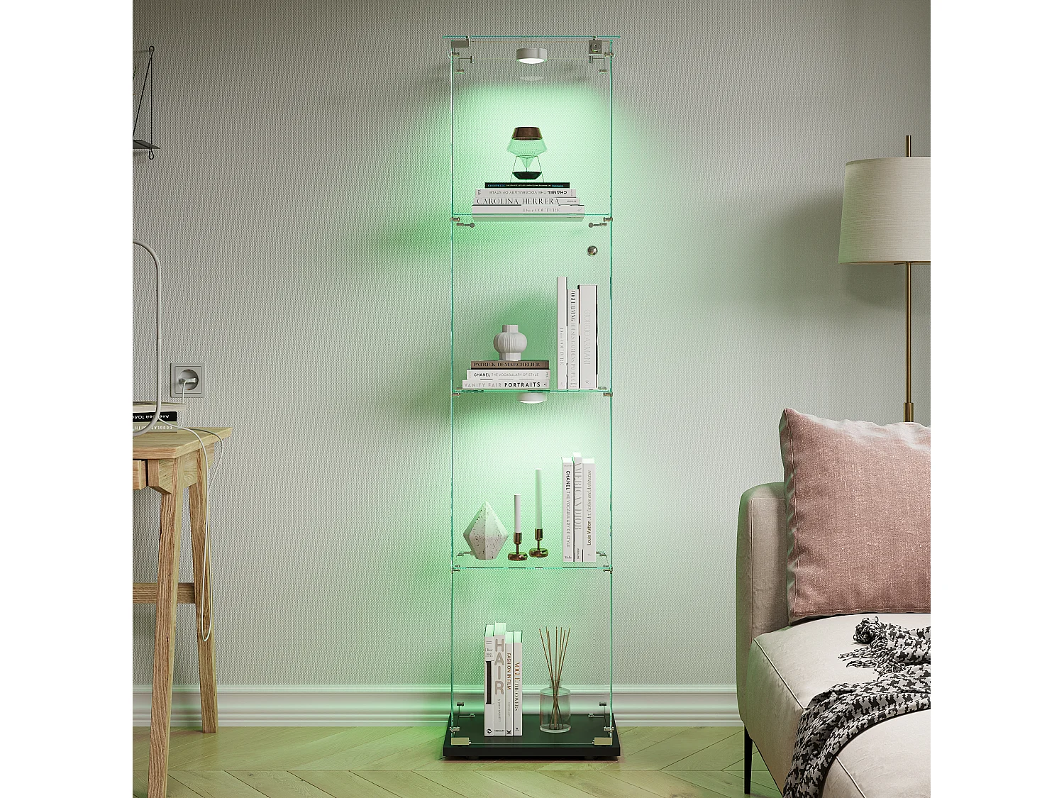 Vitrina de cristal con 5 estantes y puertas dobles para salón.