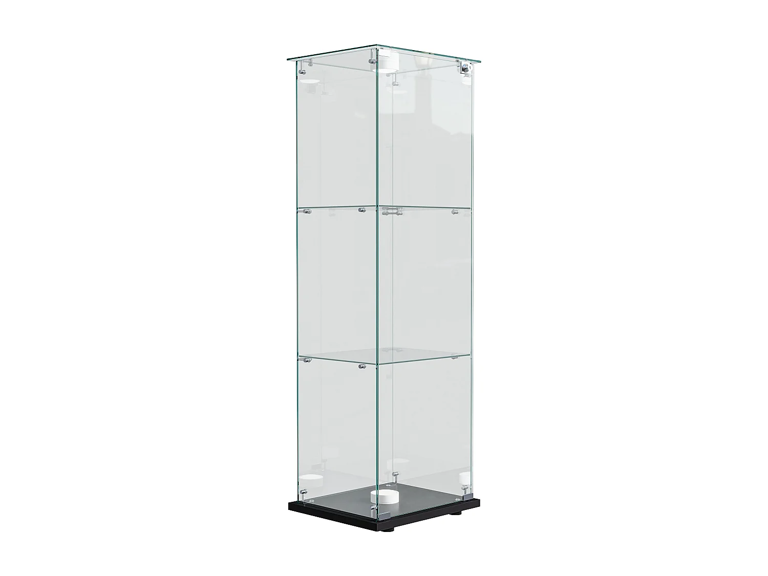 Vitrina individual de 3 niveles, parte trasera negra y acabado transparente