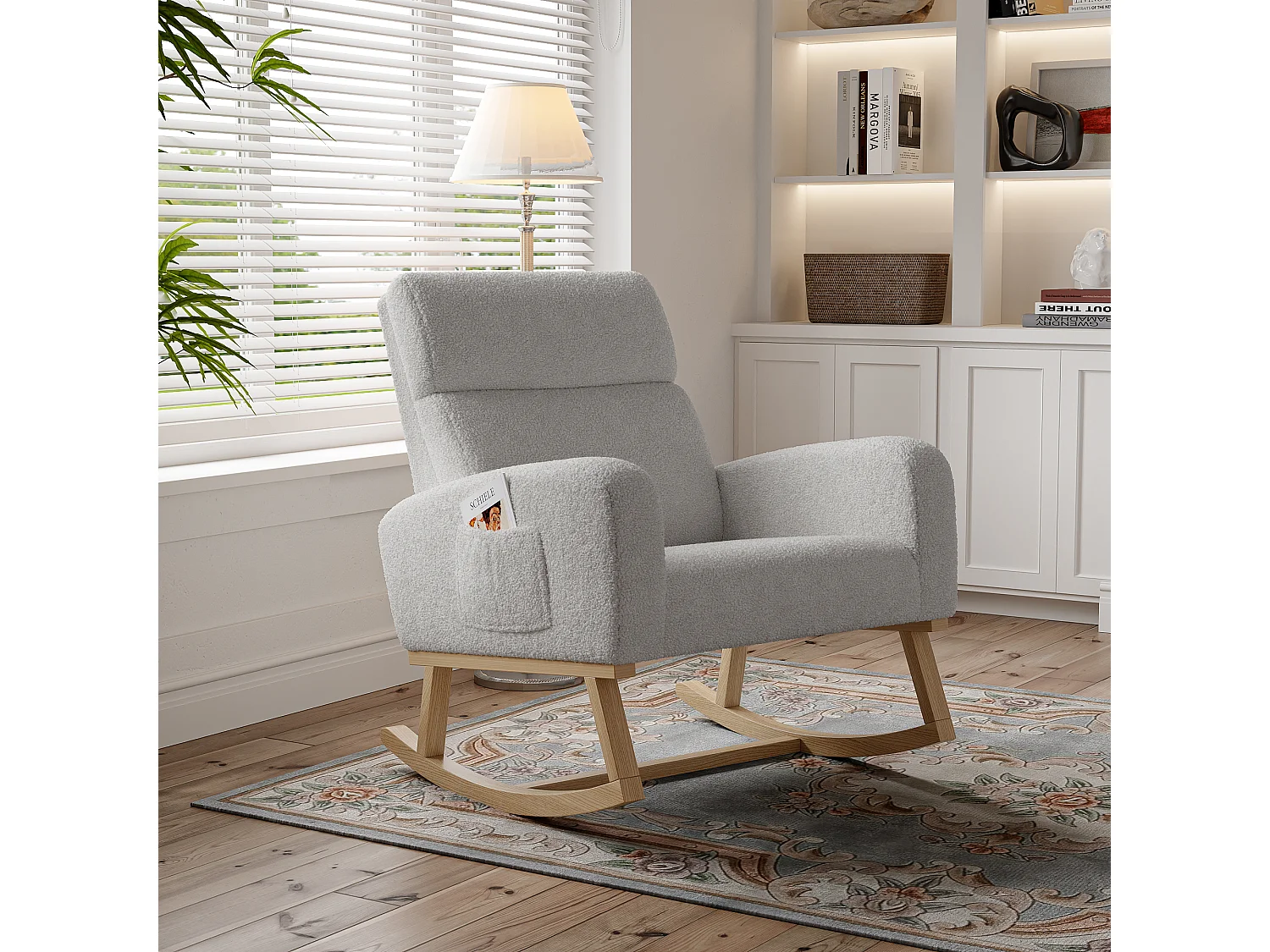 Fauteuil à Bascule avec Accoudoirs et Dossier Incliné - Pieds en Bois Massif - Gris Clair