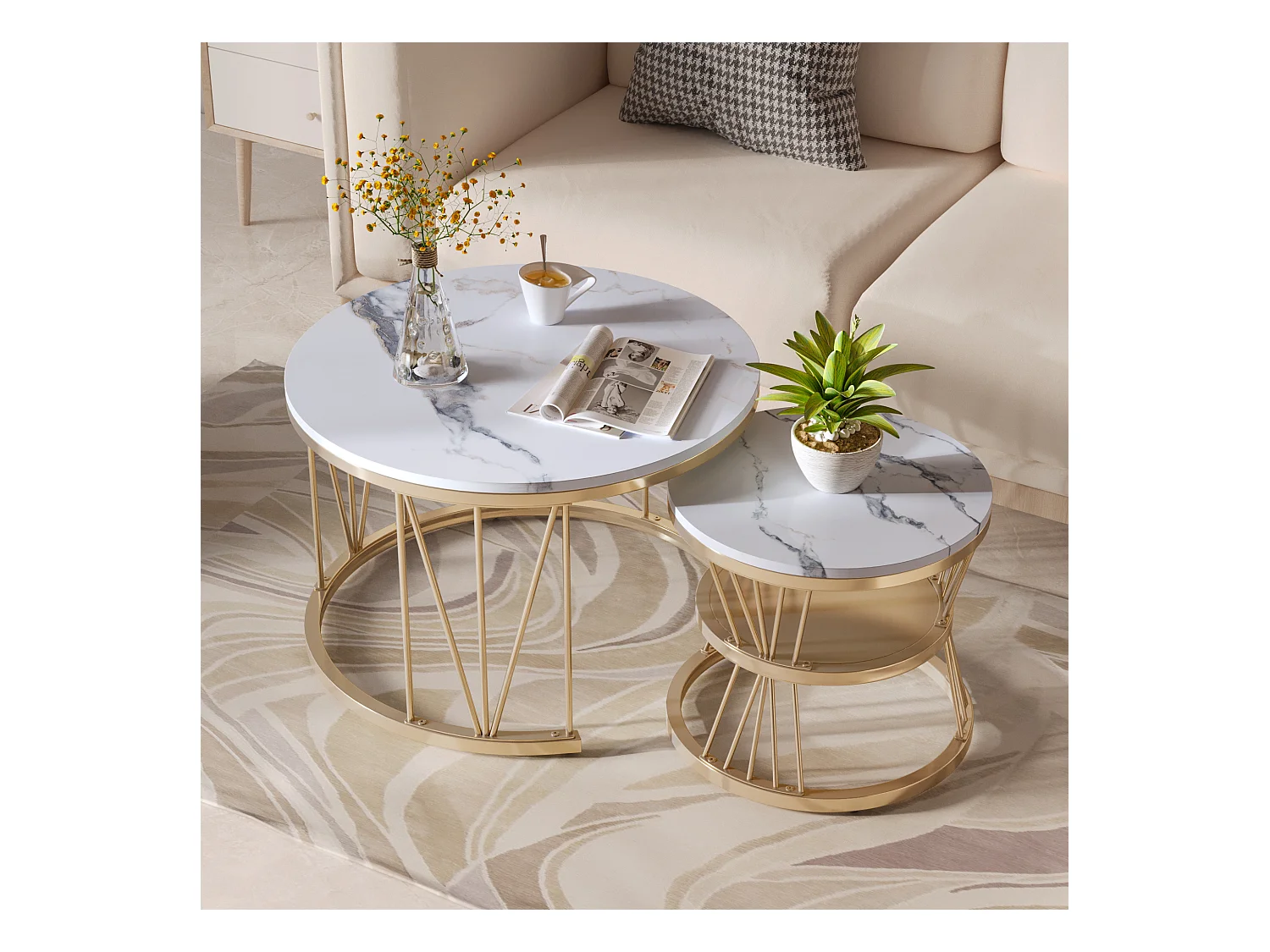 Juego de 2 mesas de centro redondas de mármol con chapa moderna, elegante mesa auxiliar dorada.