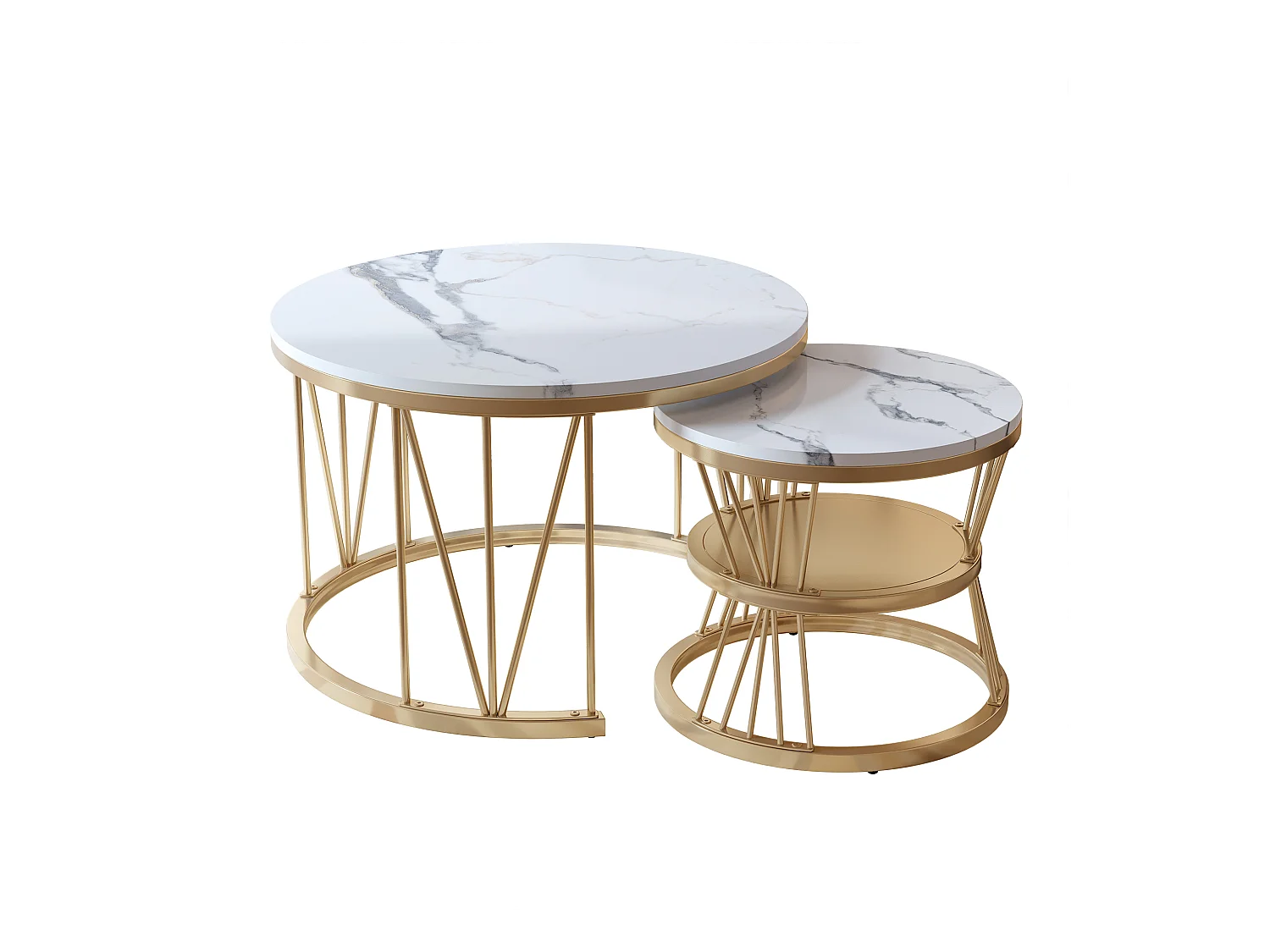 Juego de 2 mesas de centro redondas de mármol con chapa moderna, elegante mesa auxiliar dorada.