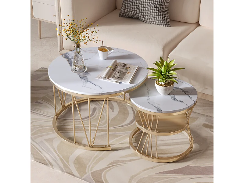 Set van 2 ronde salontafels - marmer, modern fineer, elegante bijzettafel, goud