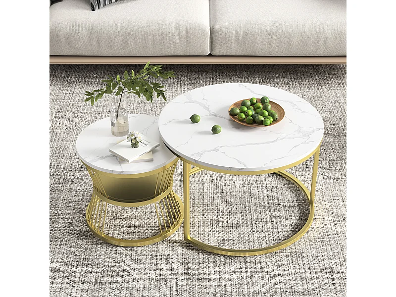 Moderne ronde salontafel met metalen frame, grote tafel 70x45 cm, kleine tafel 45x40 cm