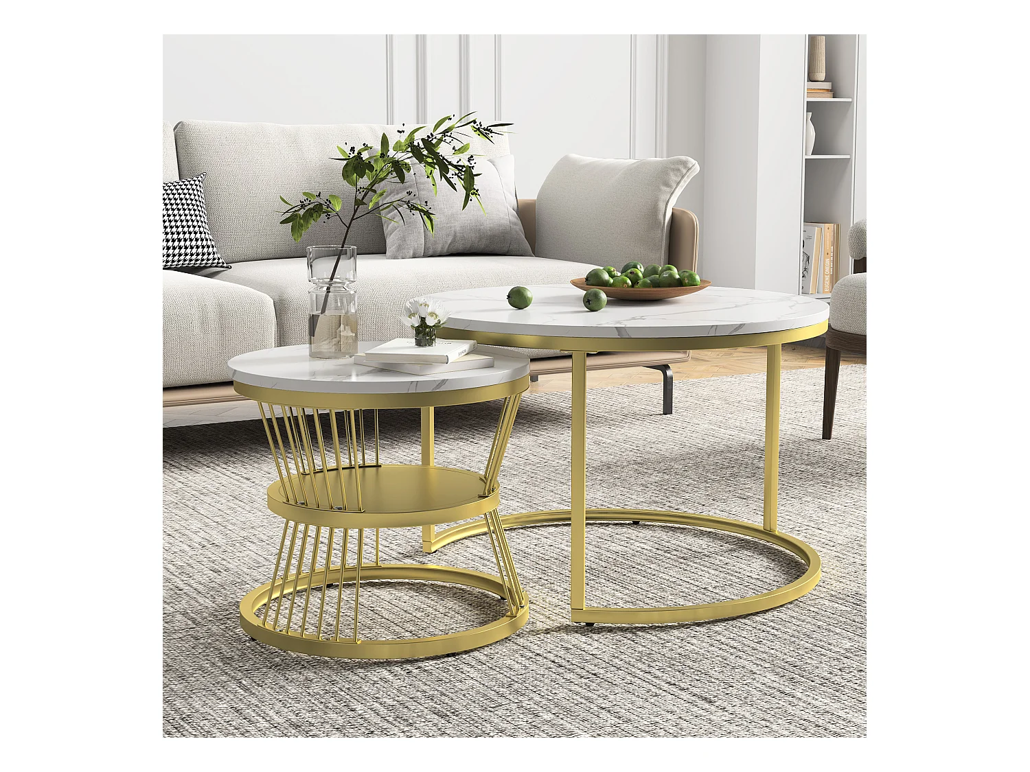 Mesa de centro redonda moderna com encaixe - Estrutura de metal, Mesa grande 70x45 cm, Mesa pequena 45x40 cm