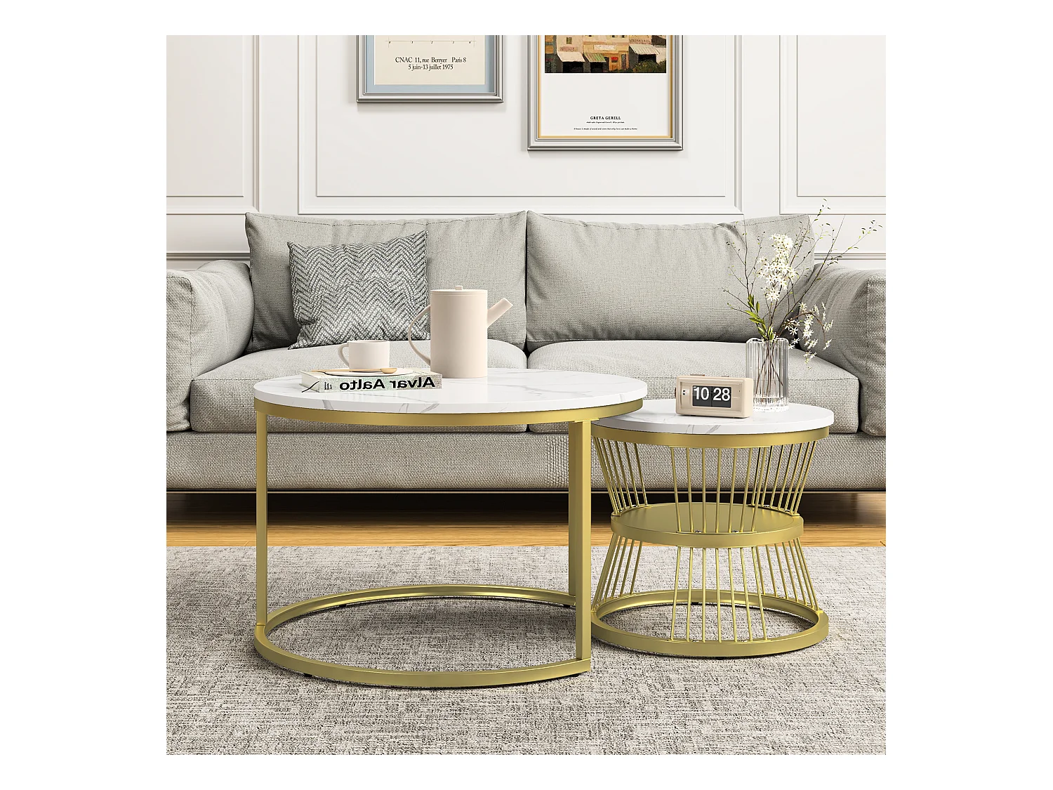 Mesa de centro redonda moderna com encaixe - Estrutura de metal, Mesa grande 70x45 cm, Mesa pequena 45x40 cm