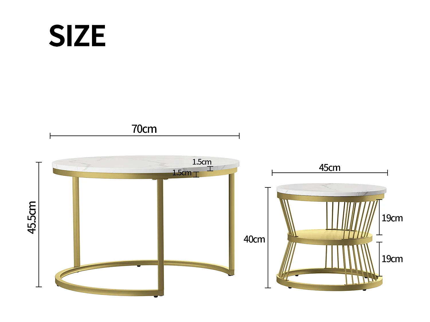 Table Basse Gigogne Ronde Moderne – Cadre Métal, Grande Table 70x45 cm, Petite Table 45x40 cm