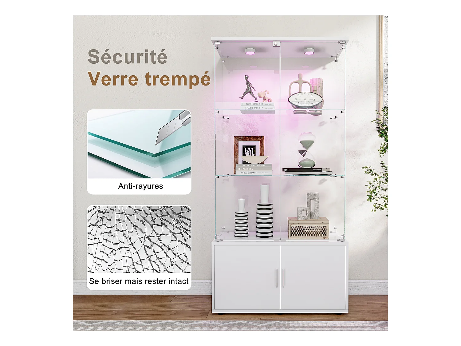 Vitrinekast met 3 planken, kasten en LED-verlichting - Modern design, Wit