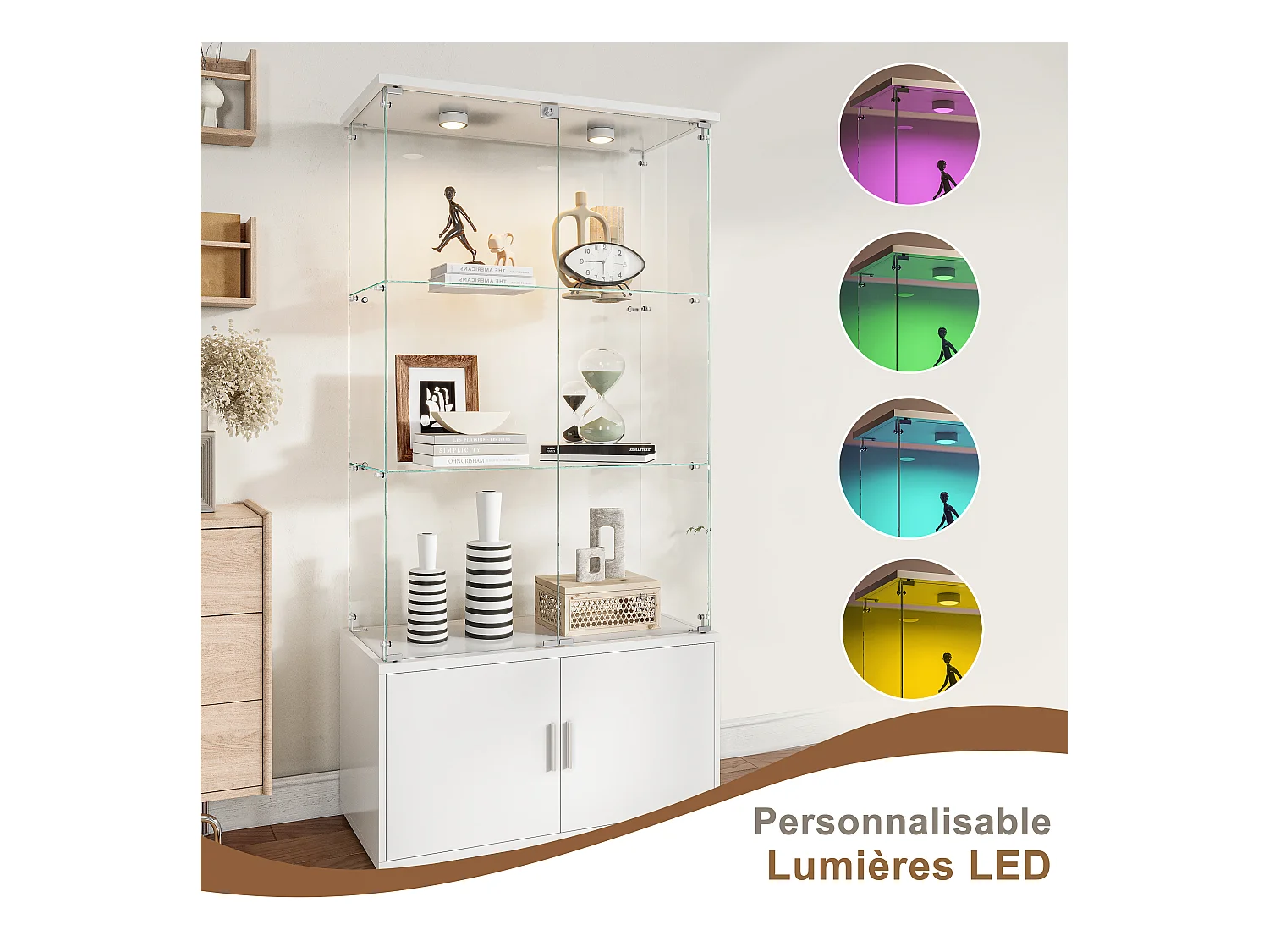 Vitrinekast met 3 planken, kasten en LED-verlichting - Modern design, Wit