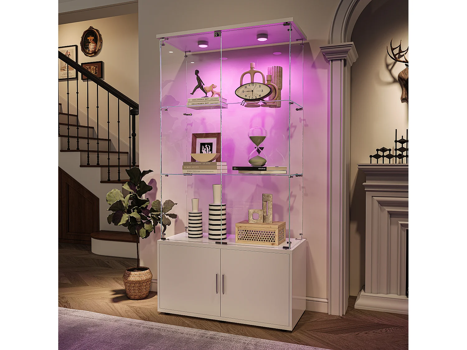 Vitrine de vidro com 3 prateleiras, armários e iluminação LED - Design moderno, Branco
