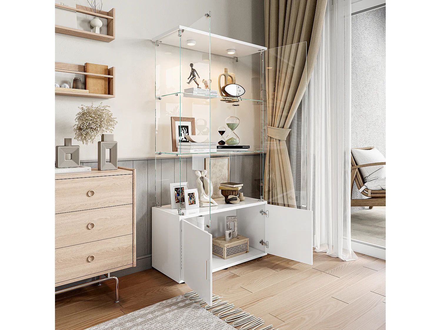 Vitrine de vidro com 3 prateleiras, armários e iluminação LED - Design moderno, Branco