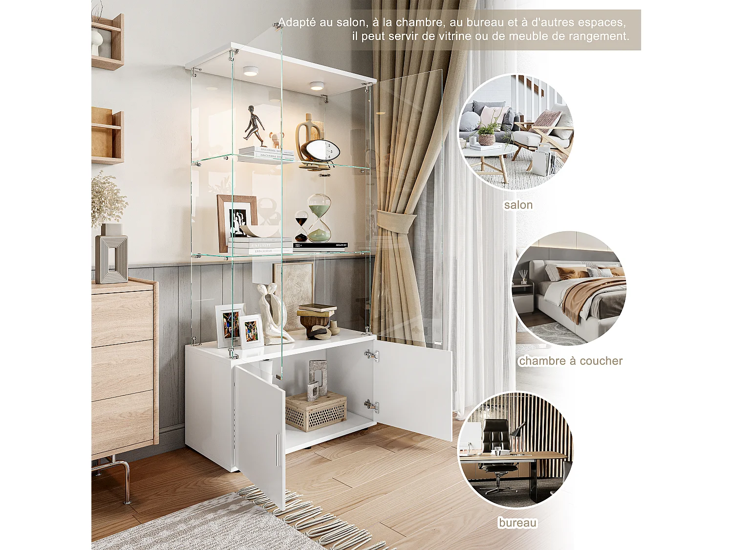 Vitrine de vidro com 3 prateleiras, armários e iluminação LED - Design moderno, Branco