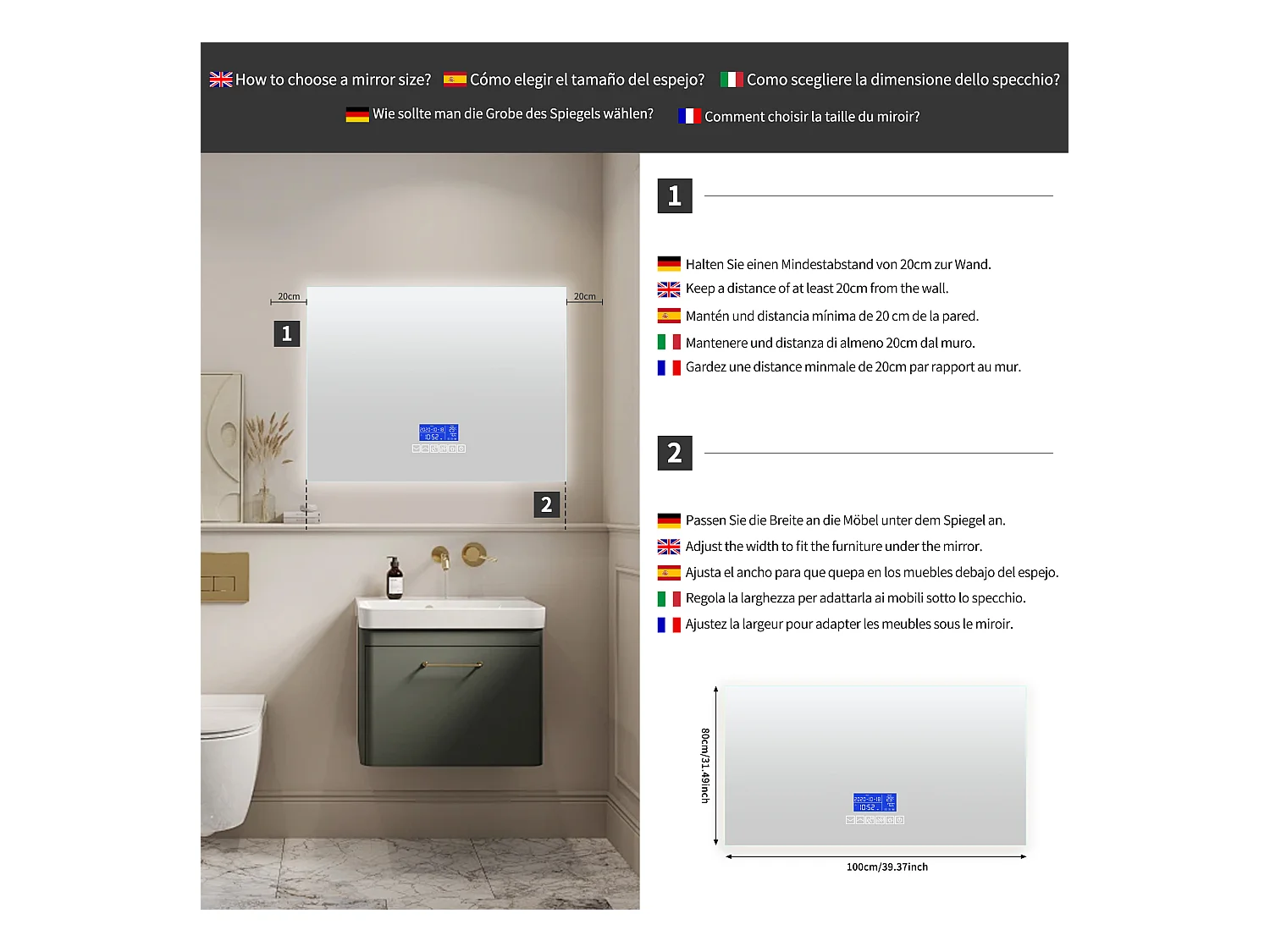 Ronde badkamerspiegel 80x100 cm - LED, Bluetooth, Temperatuur, Ontwaseming, Verlichting, Touch, 6 standen